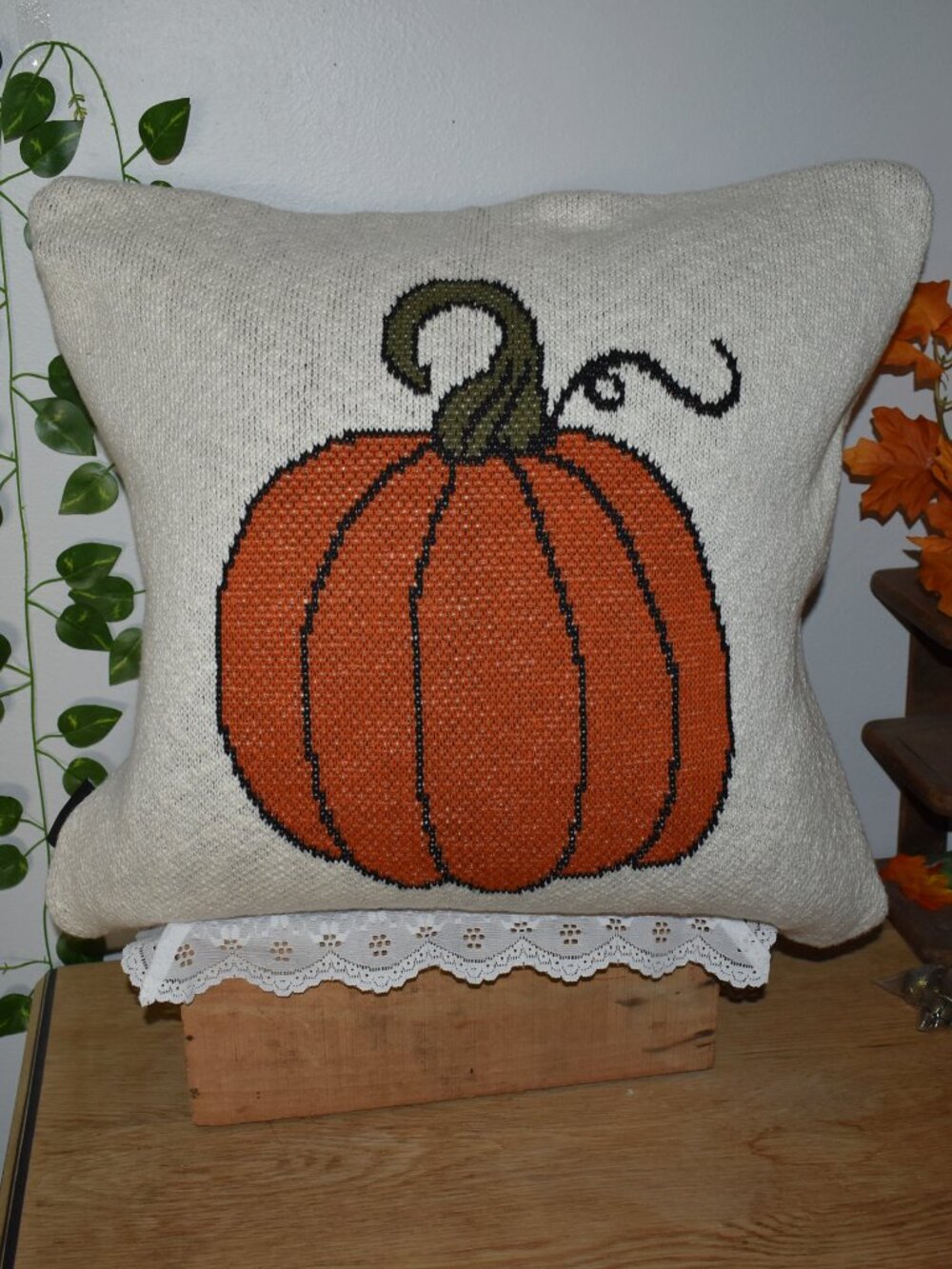 Cottage Farmhouse Orange Pumpkin Knit Halloween Fall Decor Throw Pillow